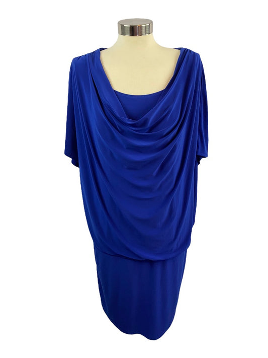 16 Dressbarn Women's Blue Drape Front Pullover Dress Short Sleeve Stretch Fabric