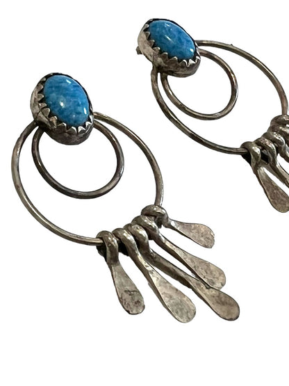 Vinatge Turquoise Tiered hoop Earrings designed with turquoise stone inlay and dangling detail