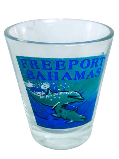 Freeport Bahamas Souvenir Shot Glass Blue Ocean Dolphins Barware