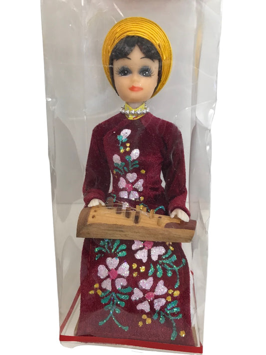 Traditional Vietnam 7" Doll Woman Playing Zither Yellow Hat Sitting