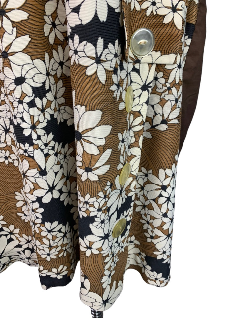 Vintage 1950s Handmade Plus Size Brown Shift Dress Floral Print Knee Length