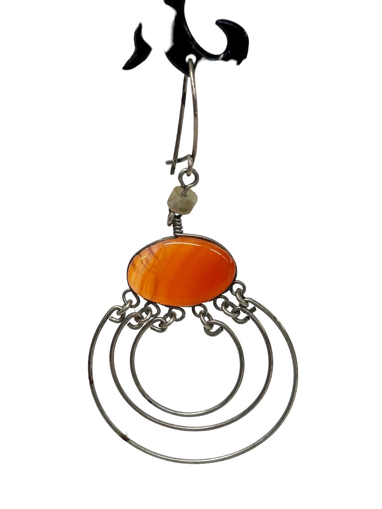 Silvertone Concentric Circle Earrings with Orange Stone Lightweight Wire Hook Pierced