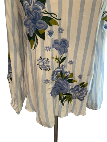 XS Akemi + Kim Anthropologie Women's Blue White Striped Embroidered Peasant Blouse