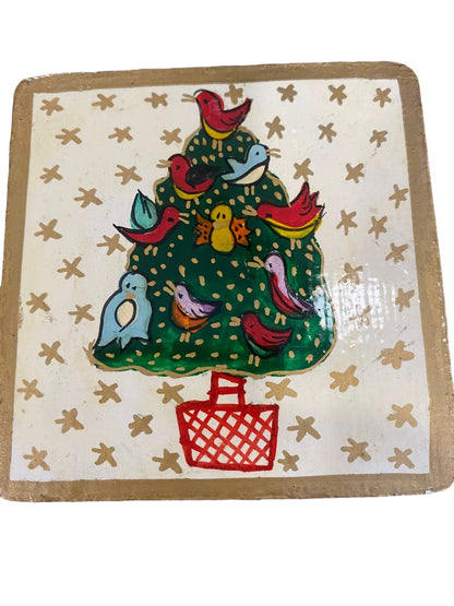 Foreside Painted Christmas Coasters Wooden Glossy Glaze With Box