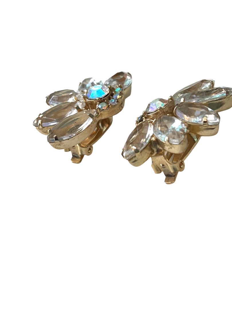 Vintage Rhinestone Glass Clip On Earrings Evening Formal Elegant Goldtone