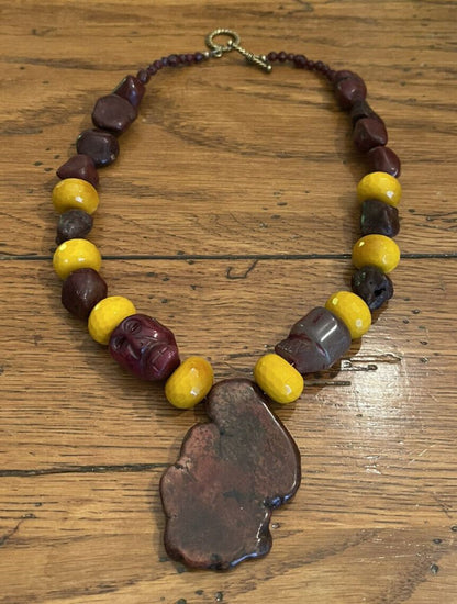 19" Handmade Skull & Sphere Center Stone Necklace Brown & Yellow Toggle