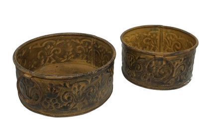 Set of 2 Round Metal Planters Embossed Design 5" and 6" Diameter