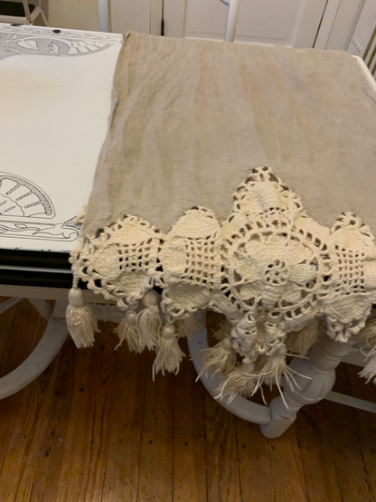 Linen Blend Tassel Crochet Table Runner 20.5" x 66" Boho Chic