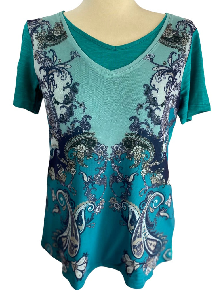 XS DG2 Diane Gilman Women's Teal V-Neck Mesh Paisley Overlay Short Sleeve Tshirt