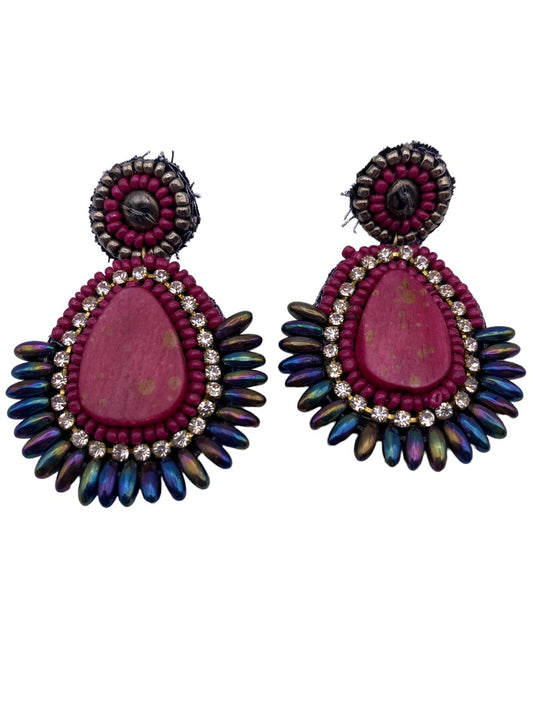 Lightweight Post Pierced Fuschia Beaded Earrings 2" Drop Dangle