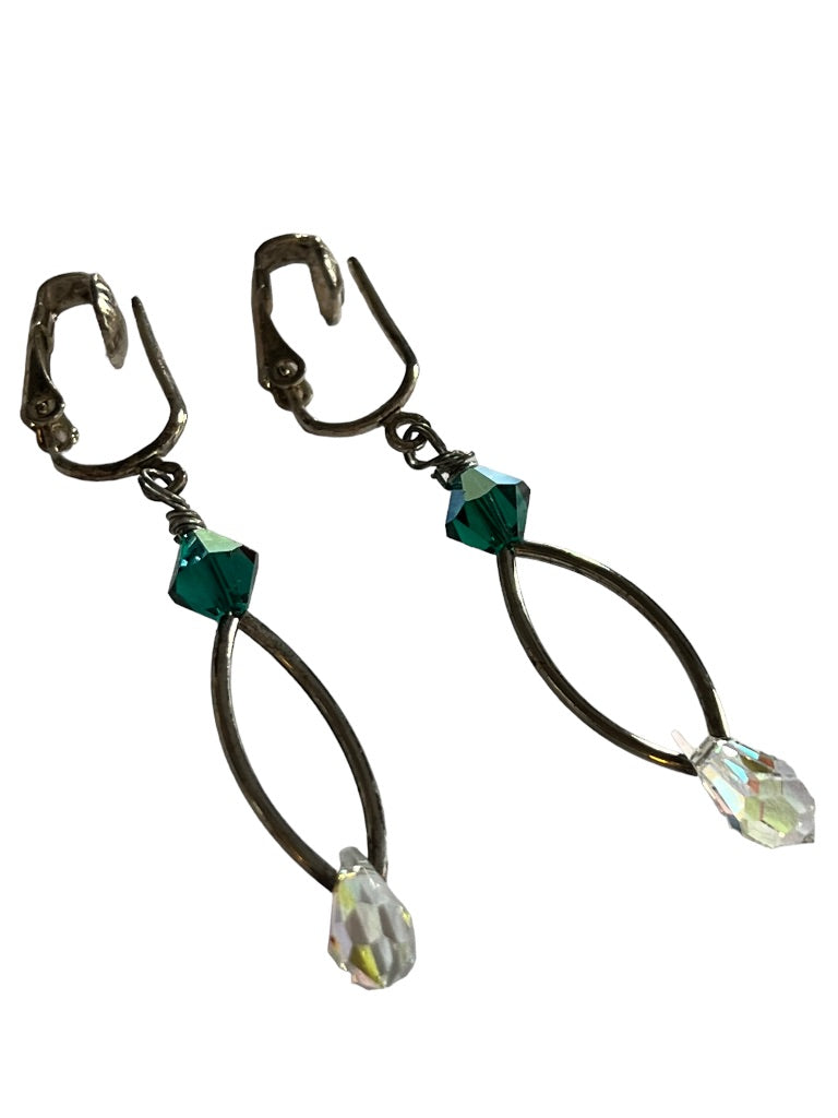 Silvertone Drop Earrings Green Clear Beaded Earrings