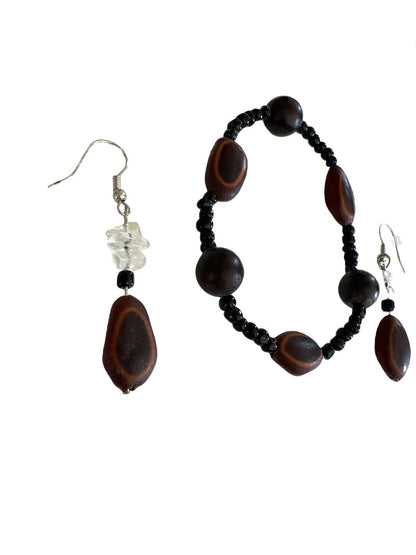 Wood Beaded Stretch Bracelet and Dangle Earrings (2" drop)