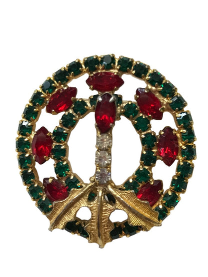 Vintage Holiday Wreath Candle Brooch Red Green Stones Goldtone 1.5" Diameter