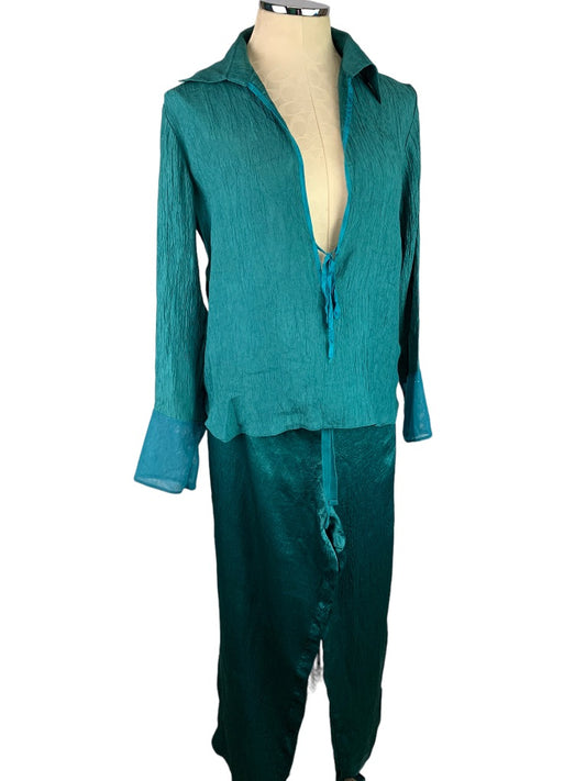 Medium DKNY Women's Emerald Green 2 Piece Loungewear Pajamas Silky Crepe