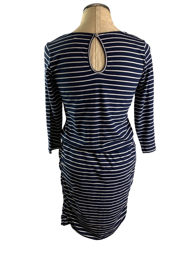 Small Hatley Blue White Striped Jersey Knit Pullover Dress Rouched Sides