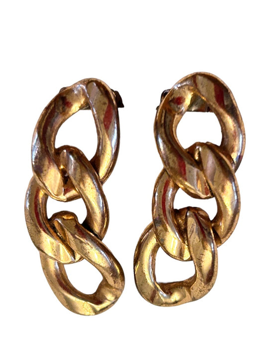 Vintage 1970s Signed Bergere 1.25" Clip On Non-Pierced Goldtone Chain Style Earrings