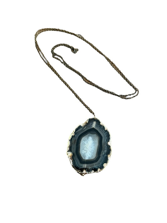 Black Agate Gold Sided Pendant Necklace 32" chain  Stone 1.75" x 1.5"