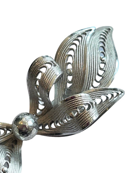 Vintage Signed Kramer Brooch Pin Silvertone Bow Filigree Ornate 3"