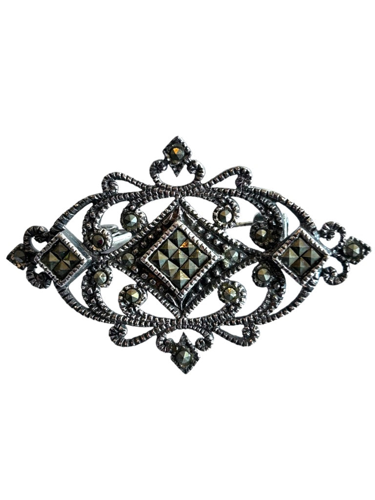Marcasite Sterling Silver Art Deco Style Brooch Pin 1 3/4" in Box