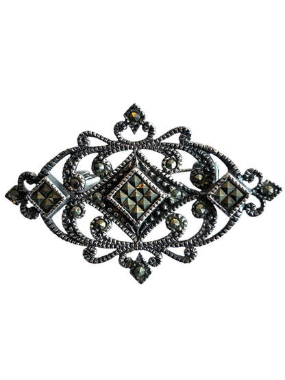 Marcasite Sterling Silver Art Deco Style Brooch Pin 1 3/4" in Box
