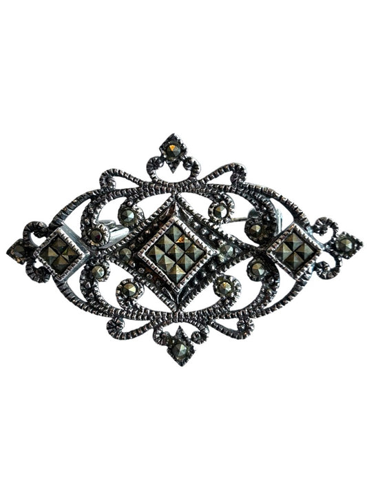 Marcasite Sterling Silver Art Deco Style Brooch Pin 1 3/4" in Box