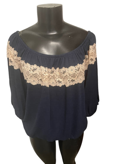 Large Bella D Lace Embellisment Women's Navy Blue Off Shoulder Blouse