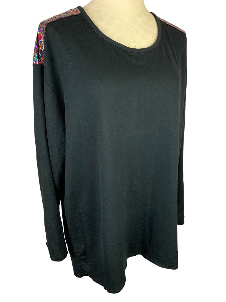 22/24 Lane Bryant Women's Black Jersey Knit Top Multicolor Sequin Shoulders Pullover