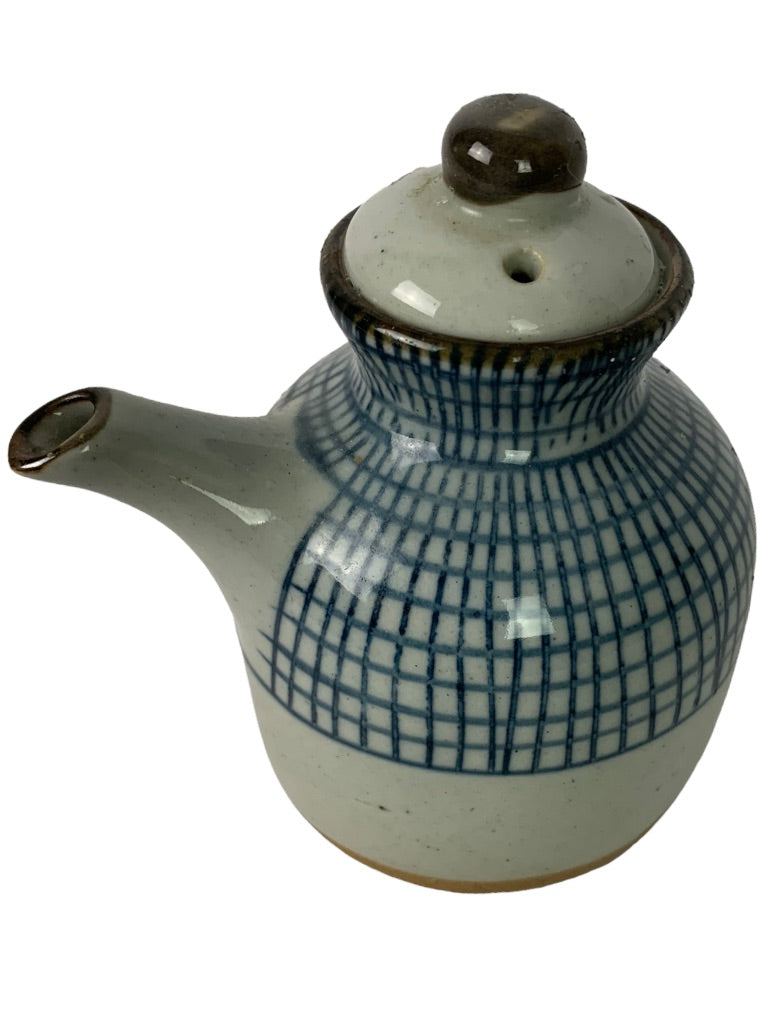 Lidded Soy Sauce Pot Pitcher Ceramic Gray Blue 4"h x 3.5" w