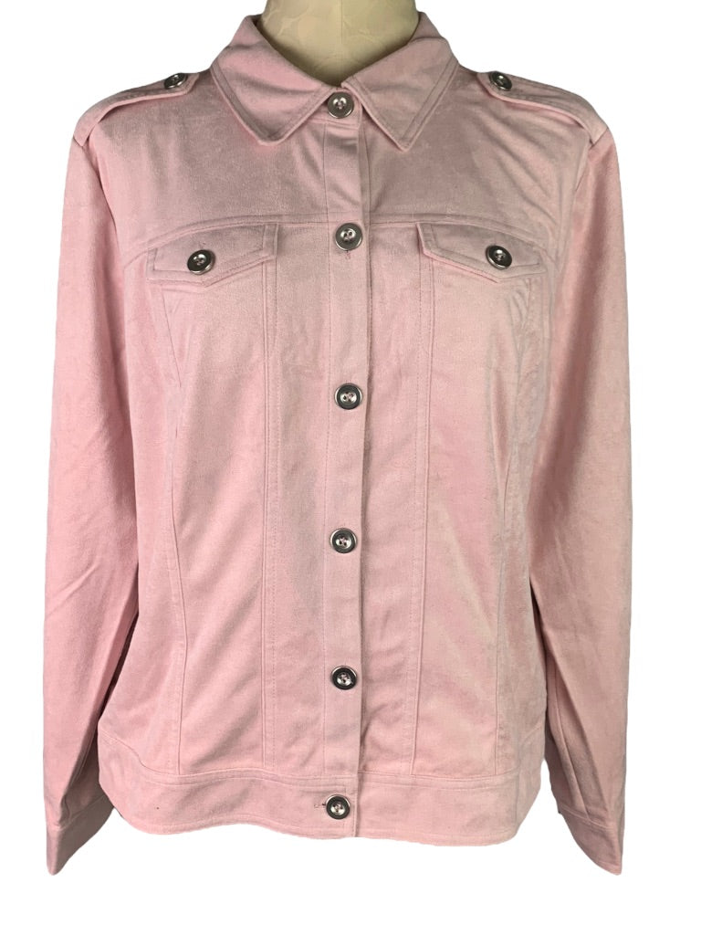 Large Joan Rivers Faux Suede Pink Jacket Button Up Pockets Women's