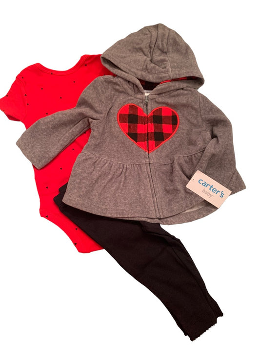 6 Months Carters Infant Girls 3 Piece Outfit Buffalo Plaid Heart New