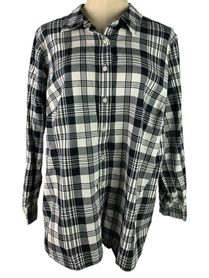 2X Talbots Plus Women's Black White Plaid Button Up Silver Threads