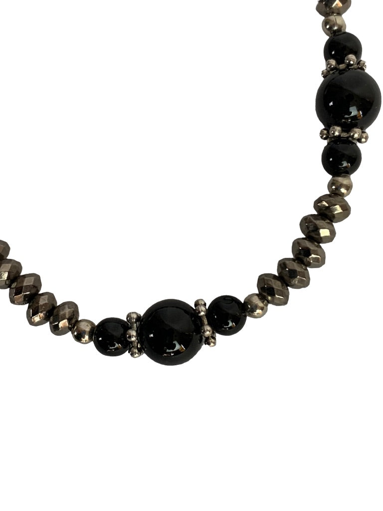 Black and Silvertone Beaded Necklace with Lobster Clasp Adjustable to 21"