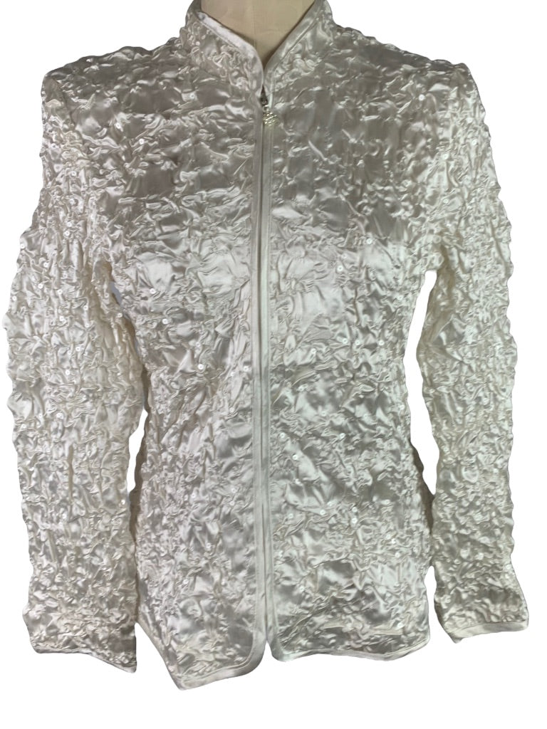 Large Addressing Woman New Ivory Pucker Satin Full Zip Sequin Jacket