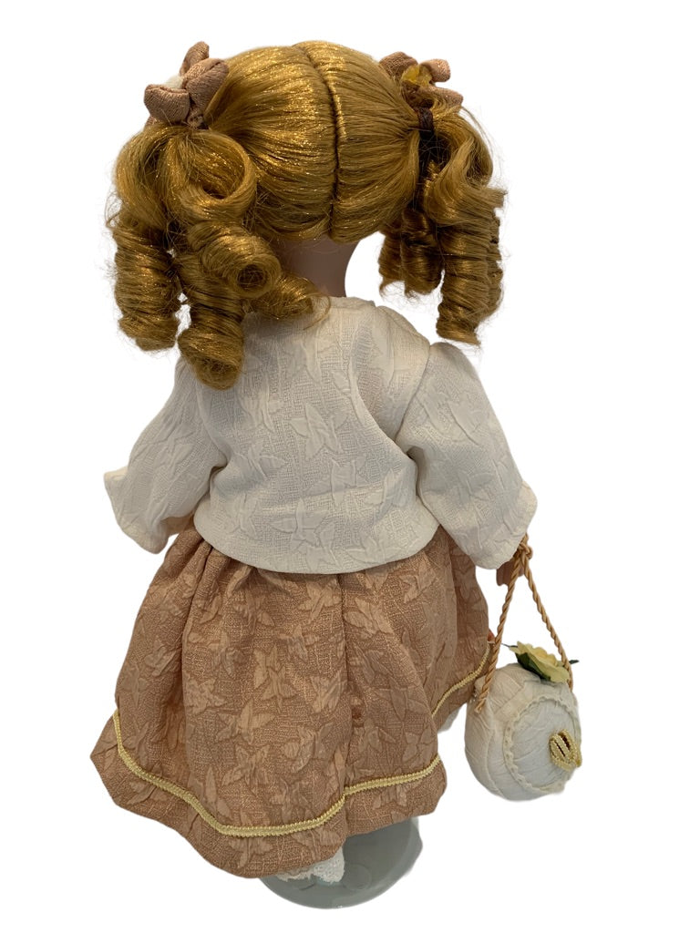 Vintage Porcelain Doll Victorian Girl Dress Style 16.5" h with Stand Strawberry Blonde Curls