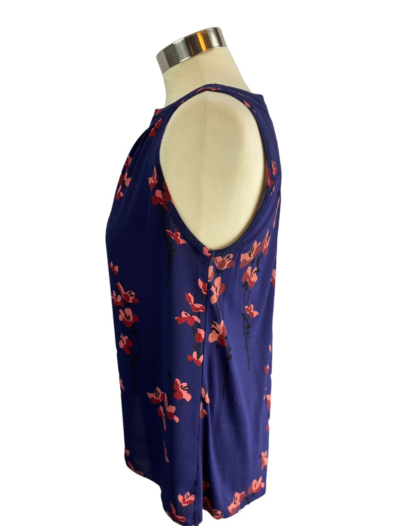 XS LOFT Women's Navy Blue Sleeveless Blouse Slightly Sheer Mauve Floral Print