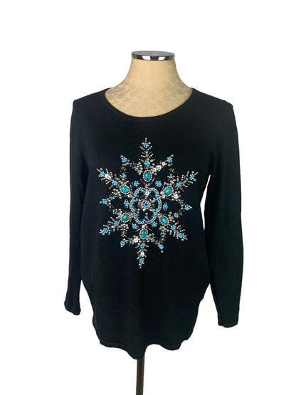 Small Quacker Factory Women's Black Winter Snowflake Sweater Beaded