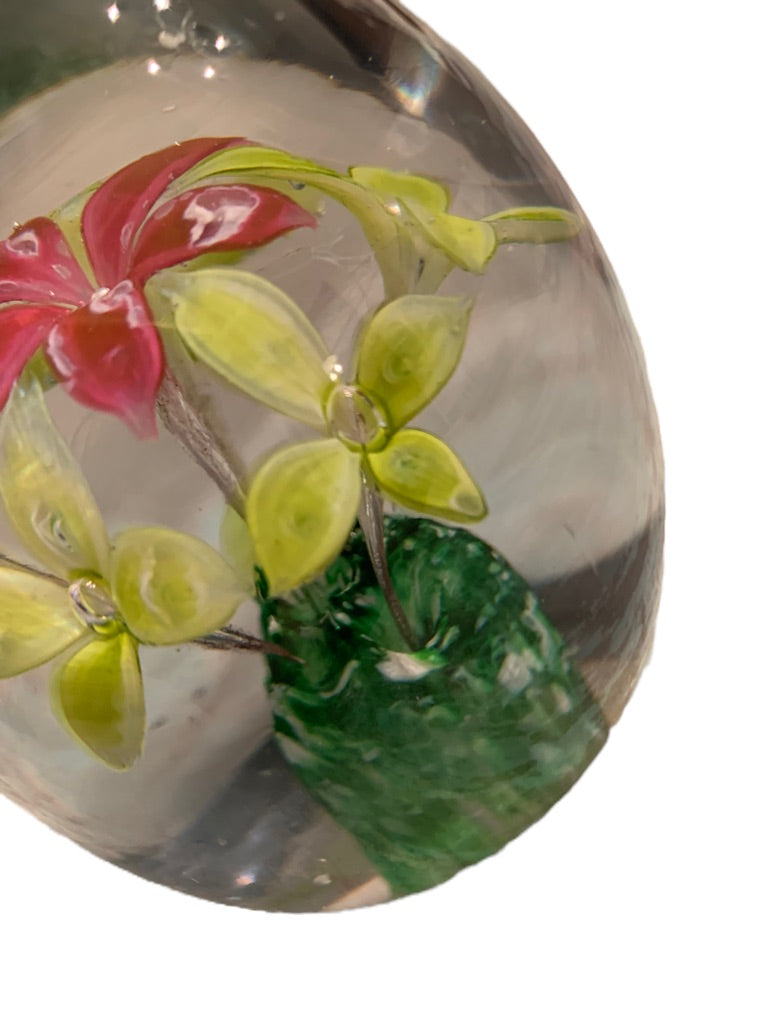 Egg Shaped Glass Paperweight Yellow Red Flowers in Grass 3.4"h x 3"d