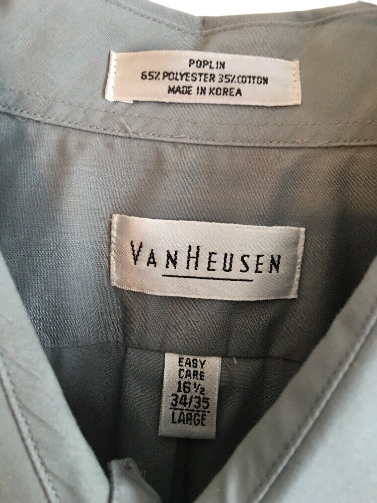 L (16 1/2 34/35) Van Heusen Gray Easy Care Men's Button Down Poplin Cotton Blend