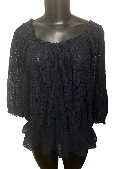 1X Izod Women Sheer Lace Top Elastic Off Shoulder Navy Blue