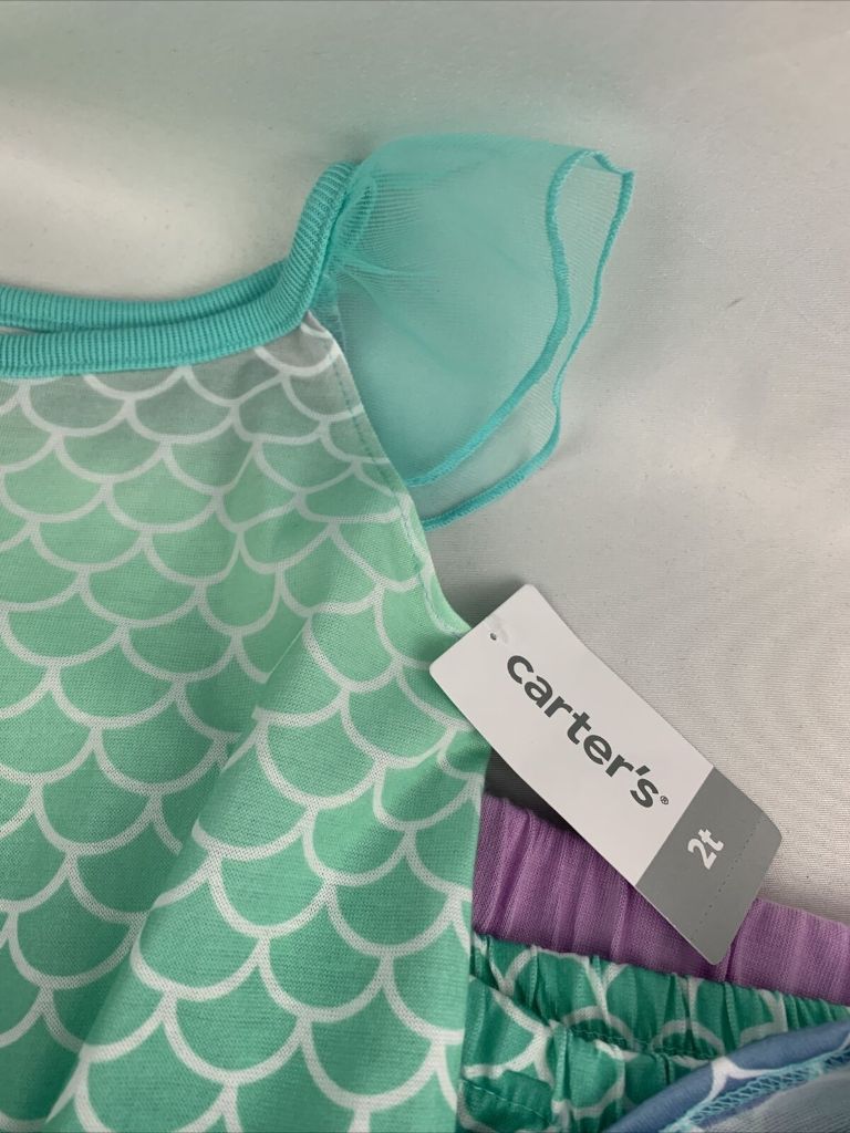 2T Carter's 3 Piece Girls Mermaid Pajamas Shorts and Short Sleeve Top