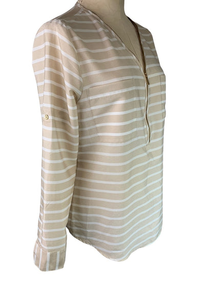 Small Calvin Klein Tan White Stripe 1/2 Zip Slightly Sheer Women's Blouse