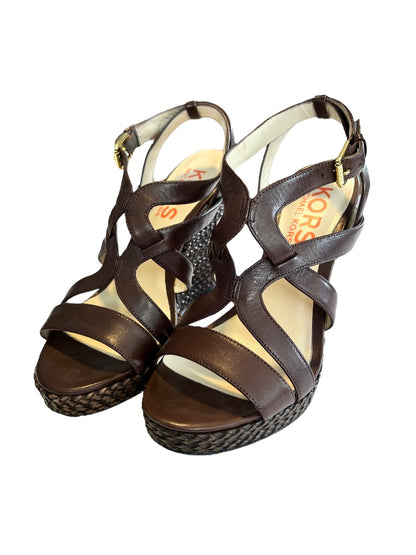 7.5 Kors Michael Kors Brown Wedge Sandal Leather With Braided Raffia Heels