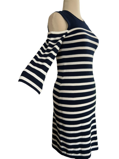 XS Trina Turk Cold Shoulder Sweater Dress Navy White Striped