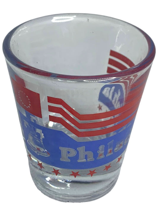 Philadelphia Souvenir Shot Glass Clear Red Blue Liberty Bell 1.5 oz