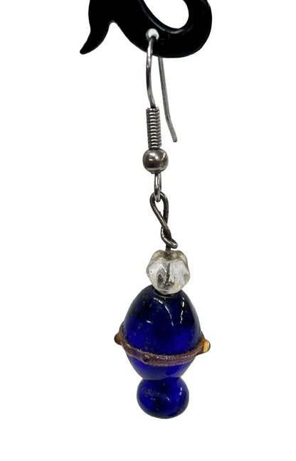 Blue Glass Beaded Earrings Pierced Hook 2" Drop Dangle Silvertone Hook