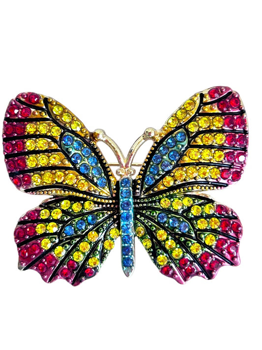 Bright Crystal Butterfly Brooch Pin Blue Yellow Red Goldtone Setting 1 7/8"
