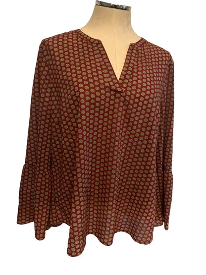 XL J.Crew Burgundy Print Pullover Bell Sleeve Blouse Style H1074