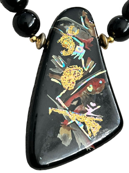 Handpainted Black Lacquer Oriental Wooden Pendant Necklace 22" Long