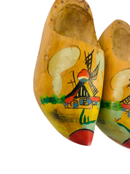 Set of 2 Vintage Holland Souvenir Wooden Wall Hanging Clogs Painted Windmill 6.5"