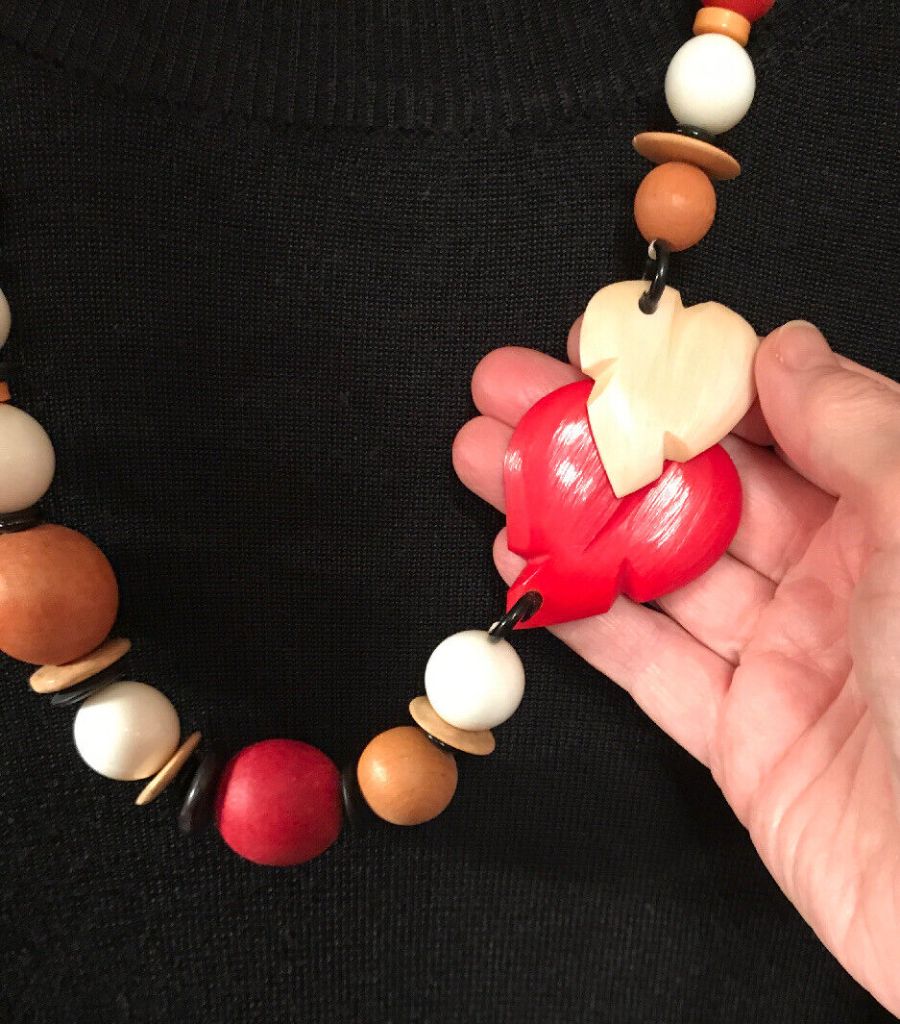 Vintage Red White Wooden Large Bead Necklace Leaf Shape 24"